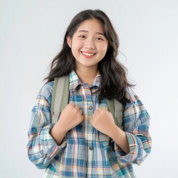 Young asian girl happy backpack student.