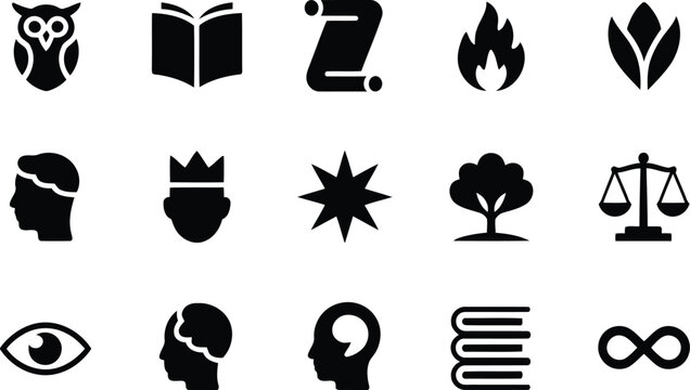 A comprehensive set of intellectual and conceptual icons with an owl, crown, books, and infinity symbol