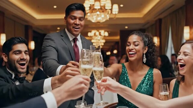 Executive group toasting at gala dinner with champagne in formal gowns and suits - chandelierlit banquet room - refined table setting and warm hospitality creating luxurious ambiance