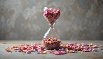 Hourglass Filled with Colorful Hearts Representing Time and Love