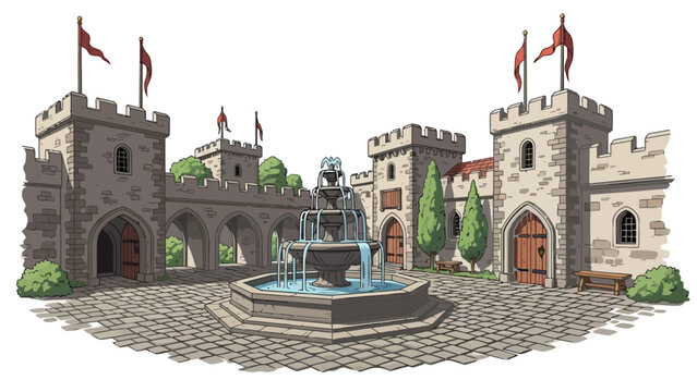 Pixel art courtyard with tiered fountain castle walls and archways