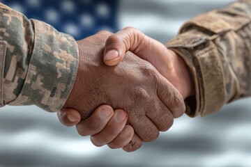 Unity and Partnership: Soldiers Shaking Hands Against the American Flag