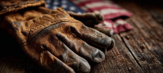 Worn Leather Gloves Resting on Rustic Wooden Table Beside American Flag, Symbolizing Hard Work