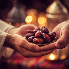 Close up of dates in hands with soft lighting and warm tones