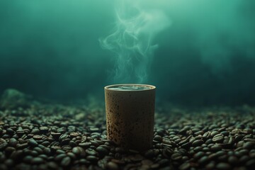 Steaming coffee cup amidst roasted beans in moody light