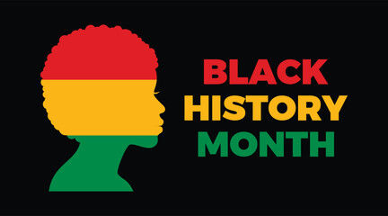 Black History Month poster with woman face vector illustration. African woman head in profile silhouette and red-gold-green Pan-African flag symbol. Template for background, banner, card