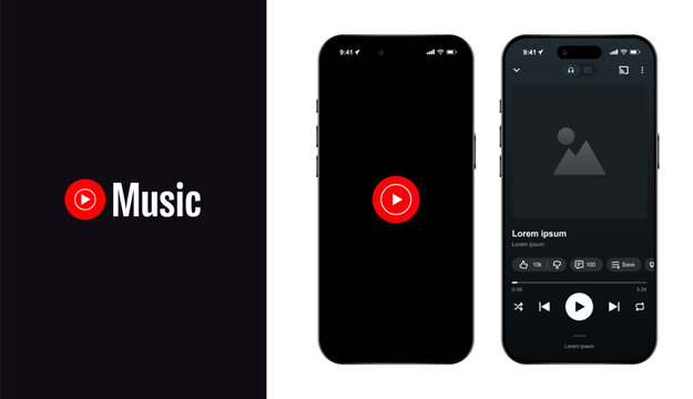 YouTube Music streaming service mockup with playlist layout, album artwork, and playback controls. Vector illustration of digital music platform user interface for modern audio.