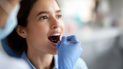 Faceless young female patient with open mouth during thorough dental inspection at professional dentist office oral cavity examination procedure professional checkup process