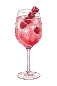 Raspberry spritz cocktail in wine glass, festive pink sparkling drink, watercolor vector illustration isolated on white background