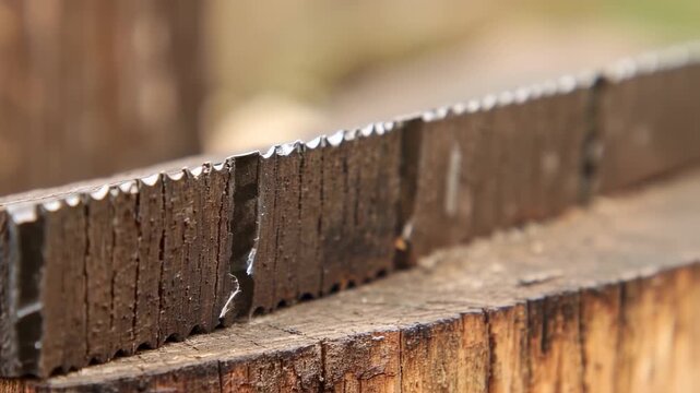 Macro shot of hand saw blade teeth on wooden block for lumber cutting work