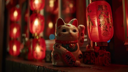 Maneki neko Traditional Japanese lucky cat figurine surrounded by red lanterns at night.