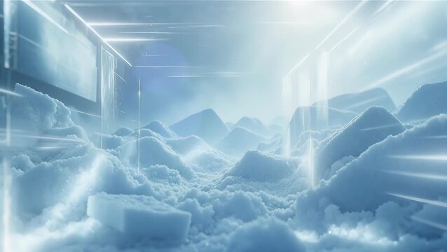 Ethereal Winter Landscape with Glowing Ice and Snowy Mountains