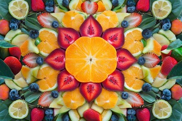 Vibrant fruit mandala featuring orange, strawberry, and blueberry