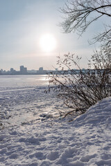 Snow-covered riverbank with bare tree branches in the foreground and a large city skyline across a wide frozen river. Bright winter day with sunlight, icy surface and calm urban winter landscape