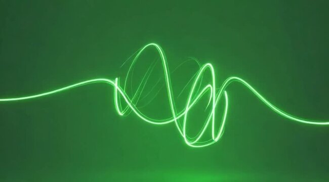A glowing green sine wave or oscilloscope line oscillating against a dark green background, symbolizing sound frequency, technology, and rhythm.