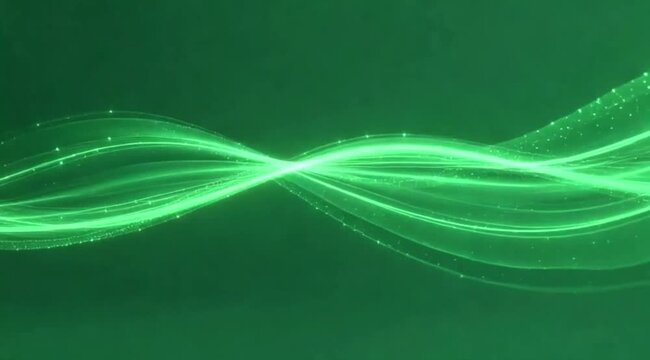 A glowing green sine wave or oscilloscope line oscillating against a dark green background, symbolizing sound frequency, technology, and rhythm.