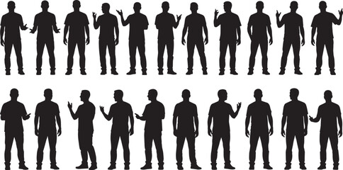 Silhouettes of standing human figures in varied postures and gestures, ideal for design, posture reference, character modeling, or gesture recognition projects