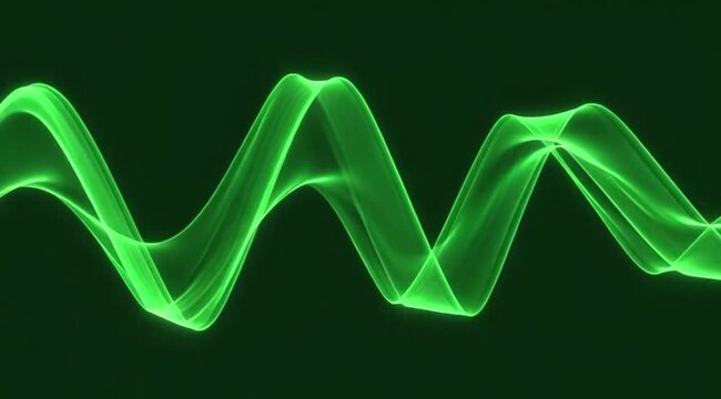 A glowing green sine wave or oscilloscope line oscillating against a dark green background, symbolizing sound frequency, technology, and rhythm.