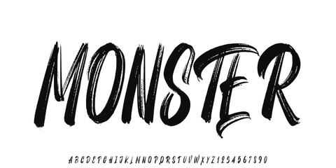Clear Lettering font isolated on black background. Texture alphabet in street art and graffiti style. Grunge and dirty effect. Vector brush letters. © krincing 