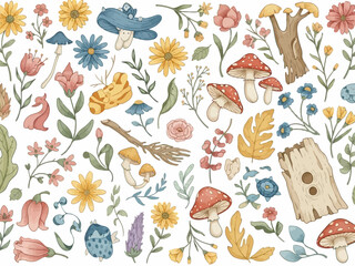 Obraz premium Whimsical illustration of various flowers, mushrooms, and forest elements