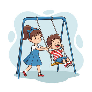 Girl pushing boy on swing while playing happily in playground  
