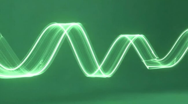 A glowing green sine wave or oscilloscope line oscillating against a dark green background, symbolizing sound frequency, technology, and rhythm.