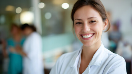 Obraz premium Defocused happy young female dentist with professional dental tools medical office background setting people and medicine concept stomatology healthcare profession professional