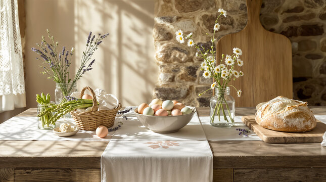 Fr&uuml;hlingshafte Tischdekoration mit bunten Eiern, frischem Spargel, Blumen und Brot in nat&uuml;rlichem Licht