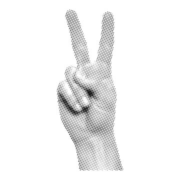 Hand showing victory peace sign in retro halftone effect, victory sign with V retro halftone grunge style, minimal halftone victory gesture.eps