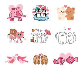 Obraz premium Cute animal couple set. Vector loving birds penguins and cats for Valentine's Day sticker decoration isolated on white