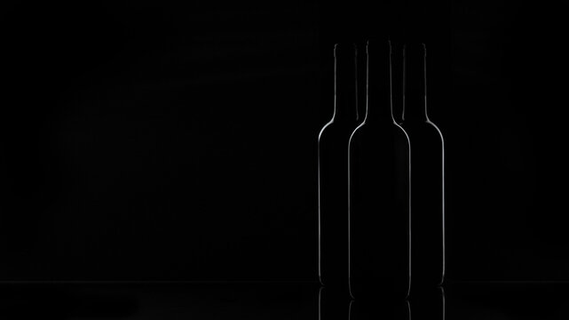 Silhouette of three wine bottles without stickers on a black background