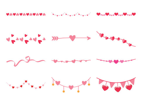 Valentine's Day text divider set. Vector pink heart garlands and arrows for romantic paragraph separation