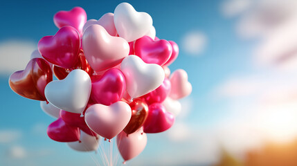 3D render of heart balloon cluster with realistic textures, sky gradient background, floating celebration, romantic atmosphere, defocused depth, with copy space