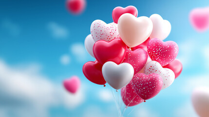 3D render of heart balloon cluster with realistic textures, sky gradient background, floating celebration, romantic atmosphere, defocused depth, with copy space