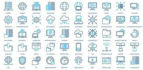 Web Hosting Icon Set. Containing Server, Website, Data Center, Internet, Programming, Coding, Big Data, Computer, Technology, Worldwide Traffic Icon. Simple Outline Color Vector 