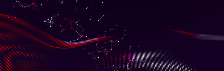 Structure of connected lines and dots. Wireframe polygonal elements on a dark background. Science and technology. 3d