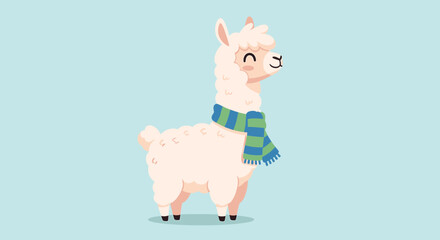 Obraz premium A cute cartoon llama with a blue and green striped scarf on a light blue background.