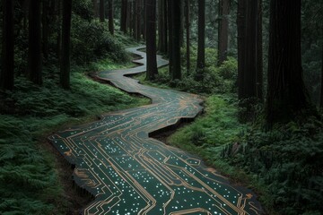 Futuristic circuit pathway through dense forest landscape