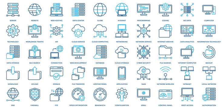 Web Hosting Icon Set. Containing Server, Website, Data Center, Internet, Programming, Coding, Big Data, Computer, Technology, Worldwide Traffic Icon. Simple Outline Color Vector 