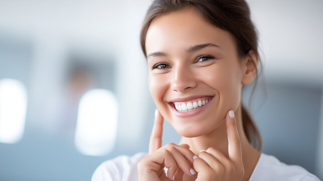 Stomatology dental concept featuring faceless young woman with strong healthy white teeth looking toward camera and smiling fingers positioned near face closeup portrait of