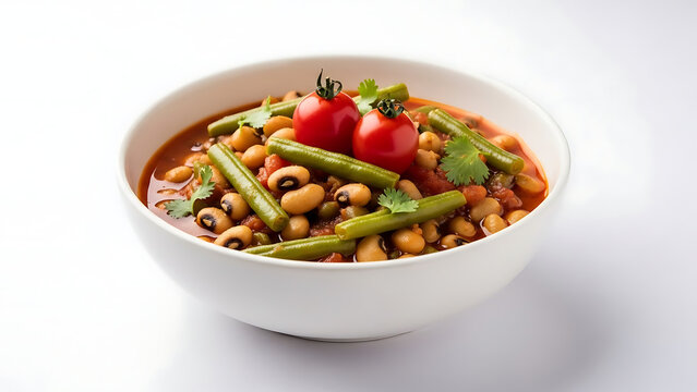 Hearty Black Eyed Pea Curry Garnished with Cherry Tomatoes and Green Beans, Spicy Indian Legume Stew in White Bowl.