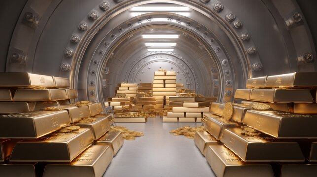 A vast underground vault filled with shining gold bars and scattered coins in a secure, modern bank setting, showcasing wealth and luxury.