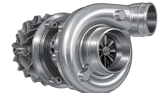 Grayscale 3D rendering of a turbocharger with compressor and turbine wheels