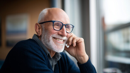 Faceless optimistic senior man sitting indoors with wide toothy cheerful smile advertising professional dental clinic services for elderly patients oral care for seniors