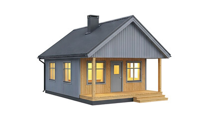 Modern Small House with Wooden Porch and Gray Metal Roof
