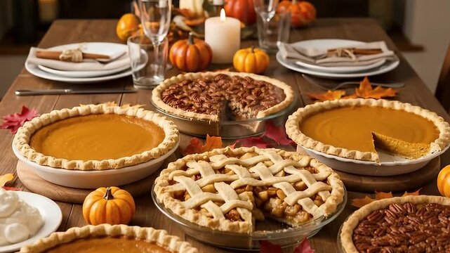 A beautifully arranged dining table showcases an abundant assortment of freshly baked, traditional autumn pies, including rich pumpkin, crunchy pecan, and golden apple varieties. The warm, inviting sc