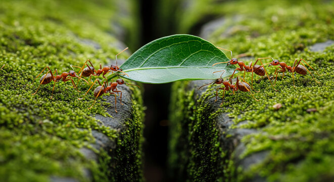 Macro image shows brown ants carrying a green leaf on mossy surface, representing teamwork, collaboration, and nature's tiny marvels