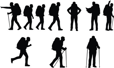 Obraz premium Hiking and trekking backpacker silhouettes collection showing walking, resting, and navigation poses, outdoor adventure traveler vector illustration isolated on white background