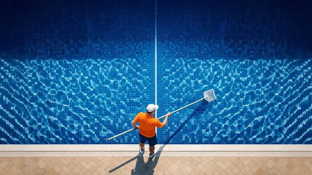 Top view of a pool maintenance worker skimming a blue tiled swimming pool, clean water patterns and summer service concept.
