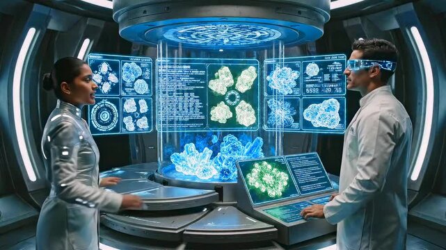 Holographic lab console with scientists controlling molecular models - VR headset - crystal samples - interactive data panels - clinical lighting - focused collaboration - diagnostic analysis